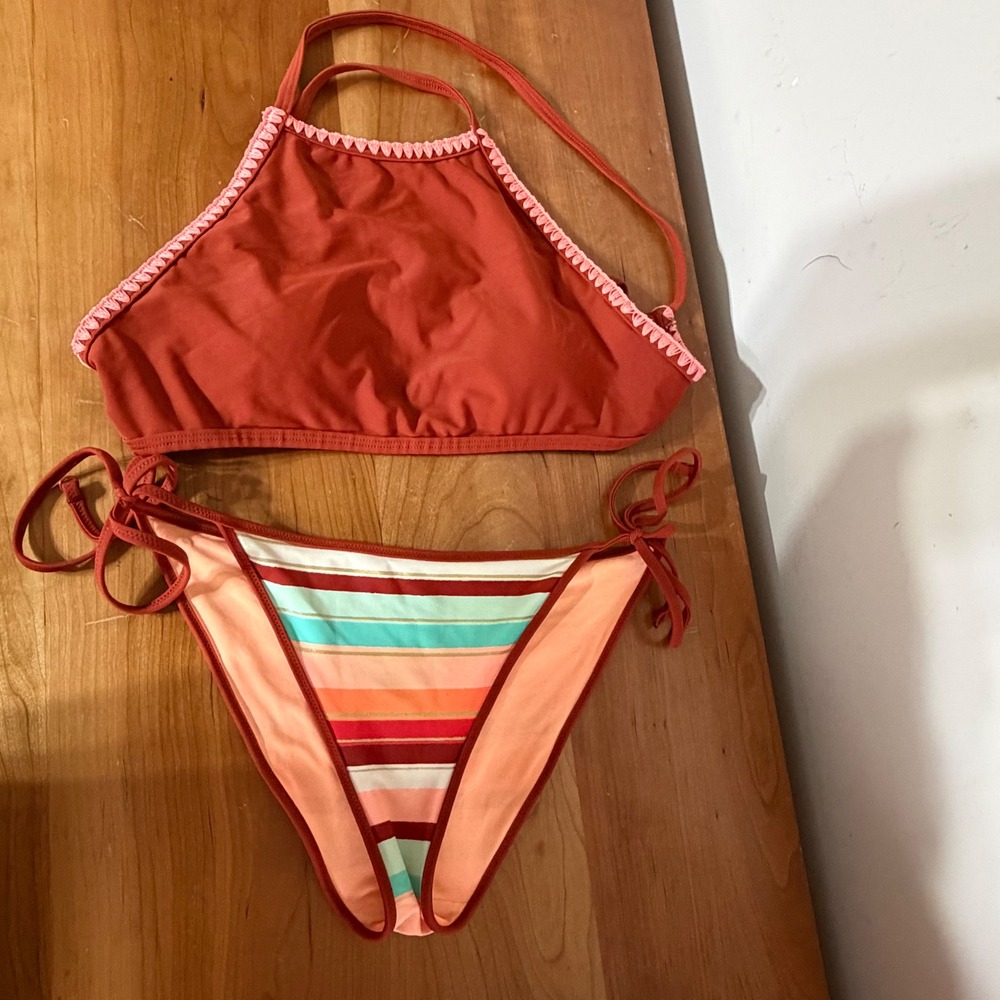 Aerie Bikini Set Rust Orange High Neck Crochet Top M Striped Side Tie Bottoms L